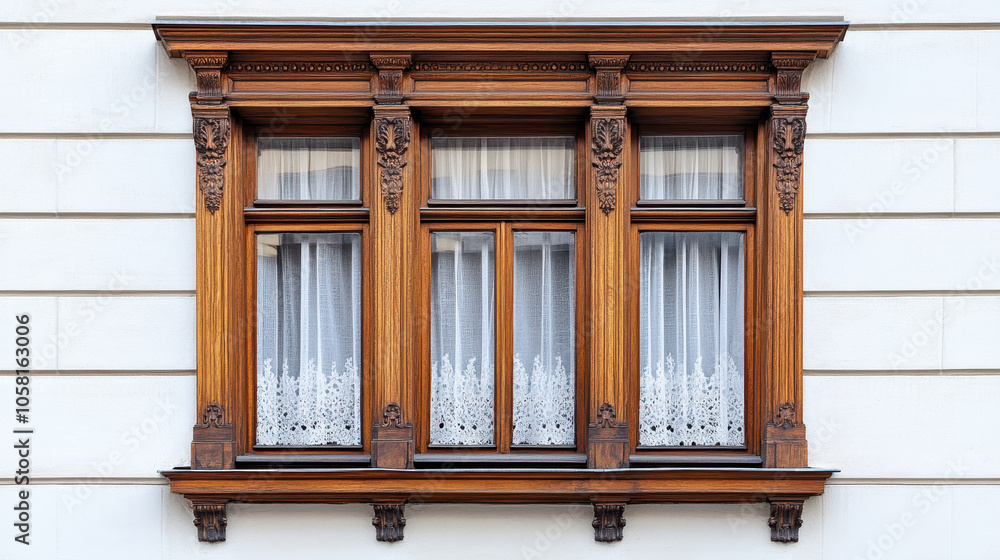 Ornate Victorian window with intricate woodwork and lace curtains, showcasing classic architectural design and elegance Ornate Victorian window with intricate woodwork and lace curtains, showcasing classic architectural design and elegance