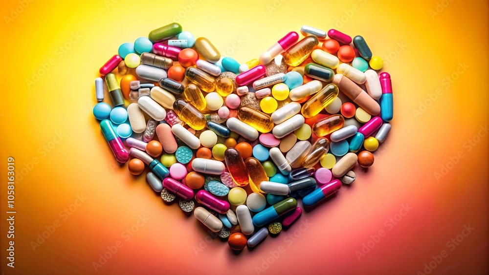 A vibrant array of colorful capsules and tablets arranged in the shape of a heart, symbolizing the importance of healthcare and well-being. A vibrant array of colorful capsules and tablets arranged in the shape of a heart, symbolizing the importance of healthcare and well-being.