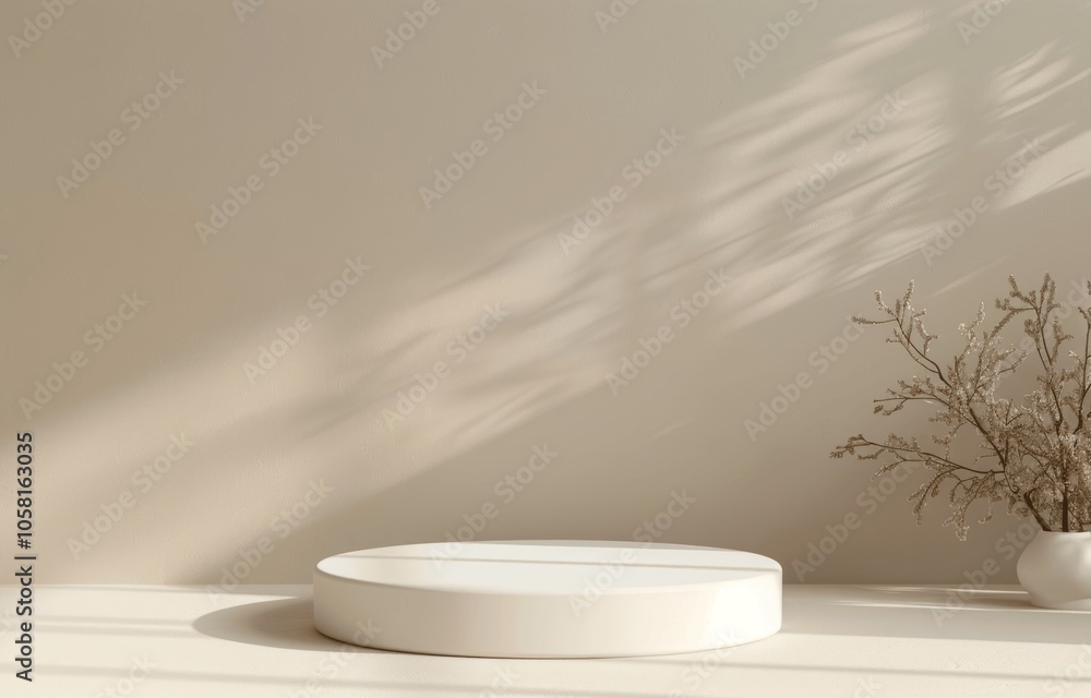 Minimal Beige Podium with White Round Platform for Product Presentation Minimal Beige Podium with White Round Platform for Product Presentation