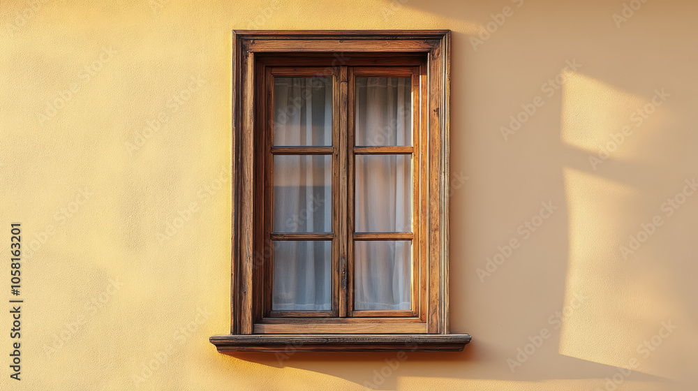 Colonial style wooden window with decorative frame and sheer curtains, set against warm yellow wall, creating charming and inviting atmosphere Colonial style wooden window with decorative frame and sheer curtains, set against warm yellow wall, creating charming and inviting atmosphere