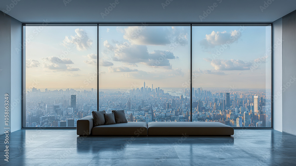 Fototapeta premium contemporary living room featuring frameless window with stunning city view. spacious interior showcases modern sofa, inviting relaxation while enjoying skyline