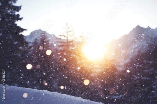 Warm glowing sunlight streaming through snow covered trees capturing a magical serene winter forest scene with a golden morning light