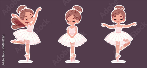 Set of stickers with pretty ballerina in white and pink dress dancing on white background. Vector illustration in flat cartoon style