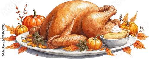Watercolor illustration of a Thanksgiving Spread with Turkey and Pumpkin Pie