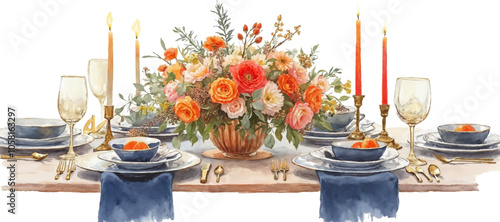 Festive Holiday Table Setting with Candles Watercolor illustration
