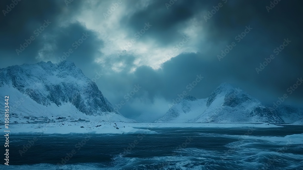 Aurora Borealis, Lofoten islands, Norway. Nothen light, mountains and frozen ocean. Winter landscape at the night time. Aurora Borealis, Lofoten islands, Norway. Nothen light, mountains and frozen ocean. Winter landscape at the night time.
