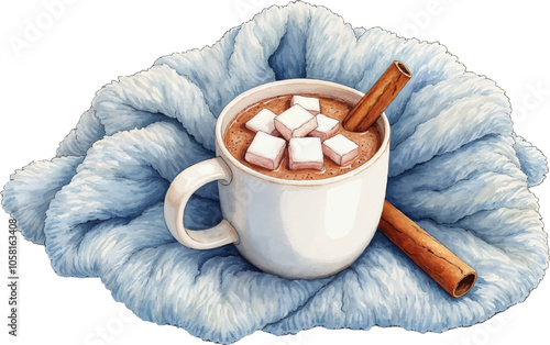 Watercolor illustration of hot chocolate with cinnamon stick and marshmallows
