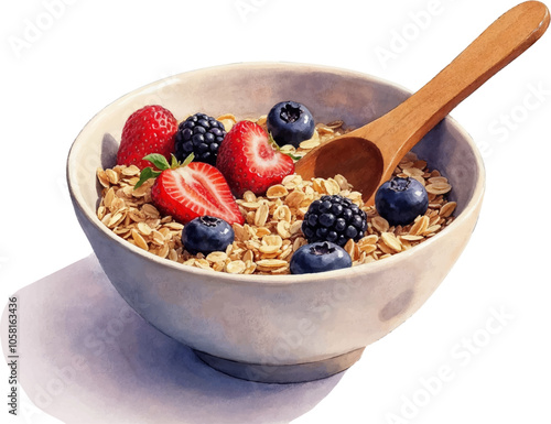 Watercolor Bowl of Granola with Fresh Berries