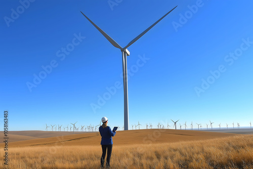 A female engineer holding a tablet stands near a large wind turbine on a clear day