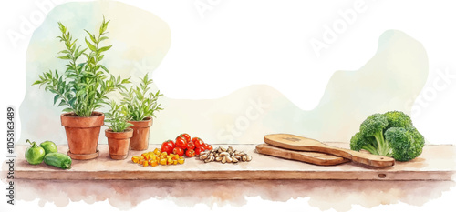 Kitchen Setup with Fresh Herbs and Vegetables Watercolor illustration