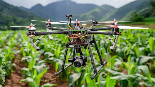 drone equipped with camera is hovering above lush green field, capturing stunning aerial views of landscape. vibrant crops and mountainous backdrop create picturesque scene