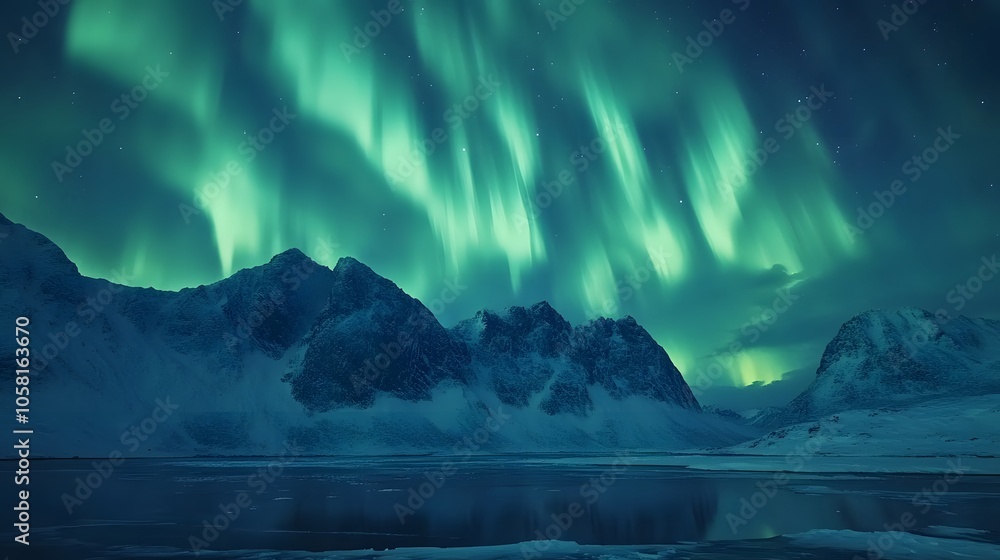 Naklejka premium Aurora Borealis, Lofoten islands, Norway. Nothen light, mountains and frozen ocean. Winter landscape at the night time. 