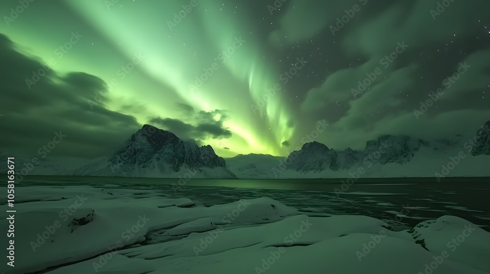 Naklejka premium Aurora Borealis, Lofoten islands, Norway. Nothen light, mountains and frozen ocean. Winter landscape at the night time. 