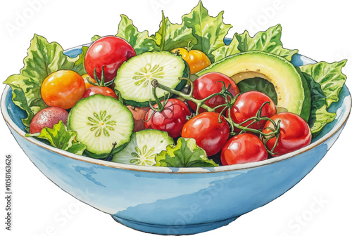 Vibrant Bowl of Salad with Avocado Watercolor illustration