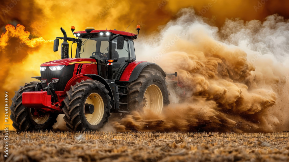 Obraz premium powerful tractor kicking up dust as it moves through field, creating dramatic scene against fiery sky. image captures essence of agricultural machinery in action