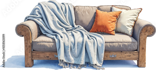 Watercolor illustration of a couch with throw blanket and pillows