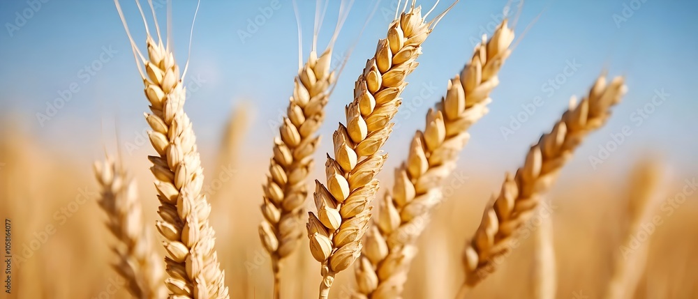 Expansive organic wheat field with golden ripening stalks of grain under a bright cloudless blue sky signaling the arrival of the abundant harvest season in the countryside Expansive organic wheat field with golden ripening stalks of grain under a bright cloudless blue sky signaling the arrival of the abundant harvest season in the countryside