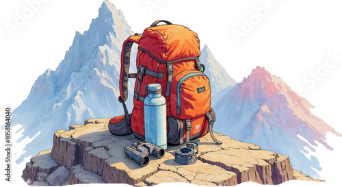 Hiking Backpack with Gear on Mountain Trail Watercolor illustration