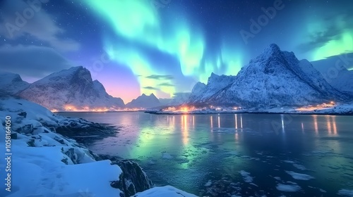 Aurora Borealis, Lofoten islands, Norway. Nothen light, mountains and frozen ocean. Winter landscape at the night time. 