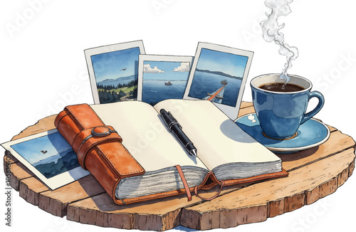 Watercolor illustration of a Travel Journal and Coffee on Café Table