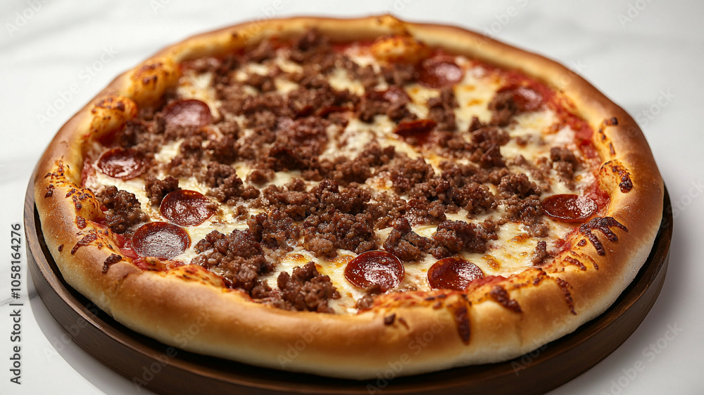 Delicious pepperoni and sausage pizza on a wooden platter served in a cozy dining setting Delicious pepperoni and sausage pizza on a wooden platter served in a cozy dining setting