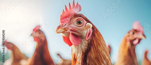 Free range chickens roaming freely on an expansive organic farm under the warm golden rays of the sun  The idyllic photo