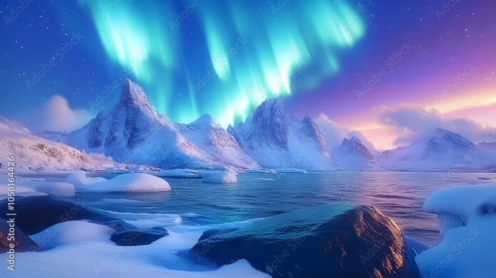 Naklejka premium Aurora Borealis, Lofoten islands, Norway. Nothen light, mountains and frozen ocean. Winter landscape at the night time. 