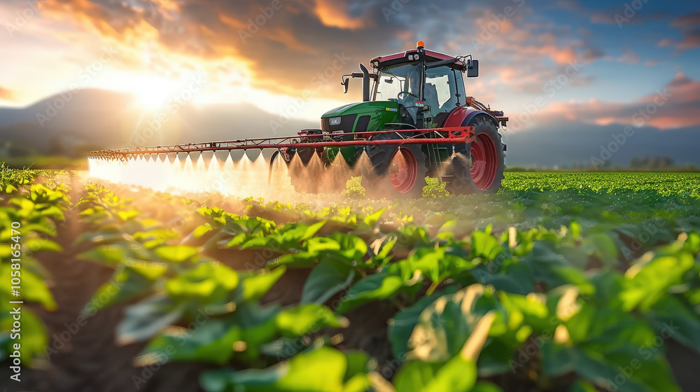 Fototapeta premium tractor spraying natural fertilizers on vibrant green field at sunset, showcasing beauty of agriculture and sustainable farming practices