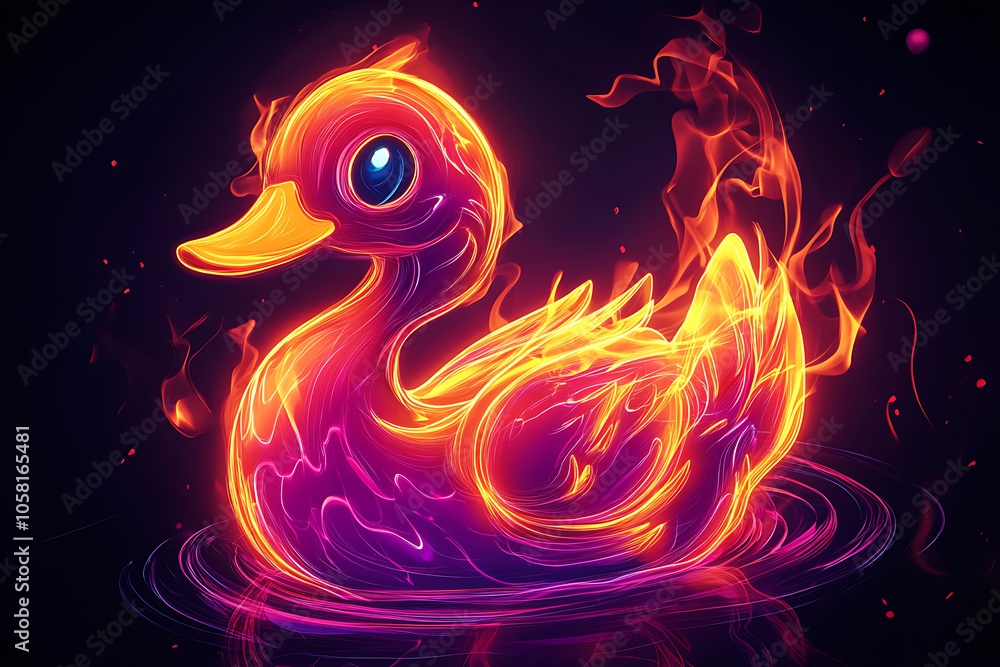 neon burning duck illustration, black background, cartoon style neon burning duck illustration, black background, cartoon style