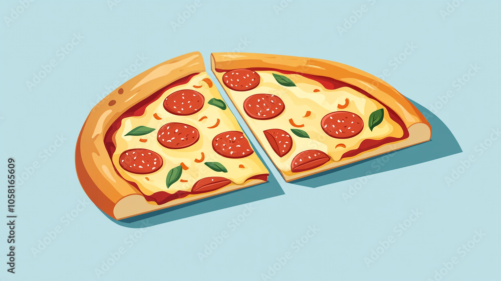 Delicious pepperoni pizza with fresh basil served on a light blue background Delicious pepperoni pizza with fresh basil served on a light blue background