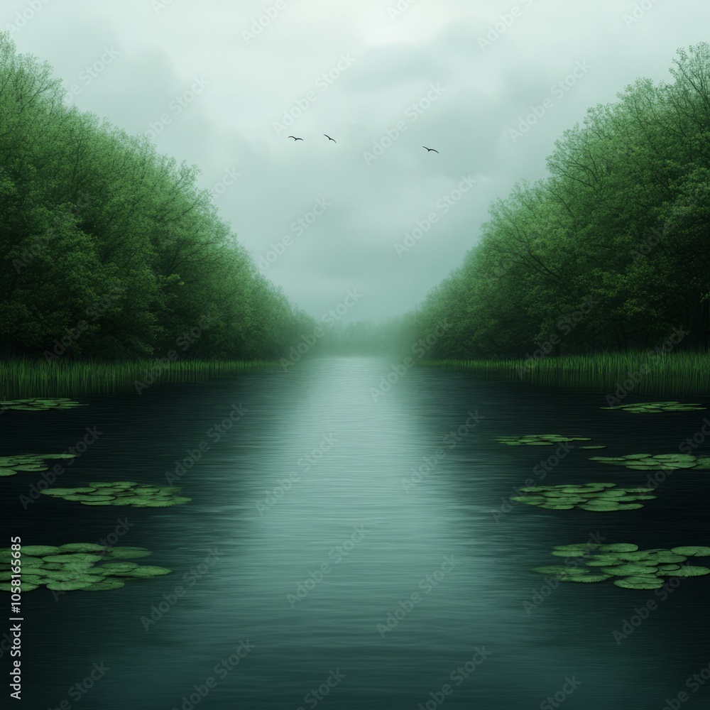 Tranquil river scene with lush green trees and lily pads on the water's ...