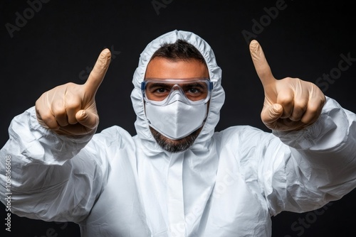 Healthcare worker in PPE with mask, gloves, and gown, capturing the meticulous and protective aspects of modern medical uniforms, symbolizing safety and dedication photo