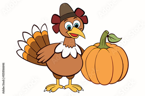 Cartoon turkey in pilgrim hat standing with pumpkin, colorful Thanksgiving illustration for holiday web design, posters, festive greeting cards.