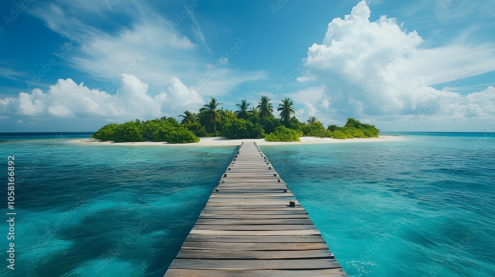 Naklejka premium Beautiful tropical landscape background, concept for summer travel and vacation. Wooden pier to an island in ocean against blue sky with white clouds, panoramic view. 