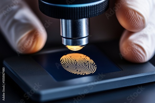 Magnified fingerprint under a microscope in a forensic lab, capturing the extreme detail and scientific approach to identity analysis, symbolizing focus and meticulousness photo