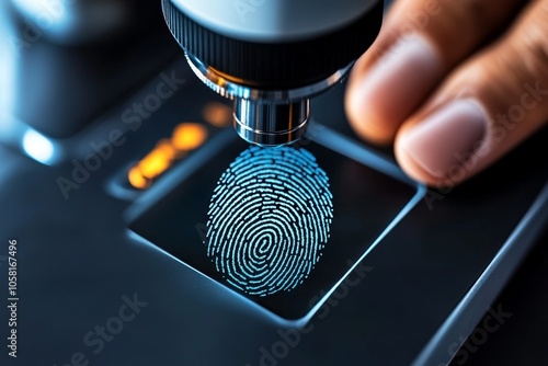 Magnified fingerprint under a microscope in a forensic lab, capturing the extreme detail and scientific approach to identity analysis, symbolizing focus and meticulousness