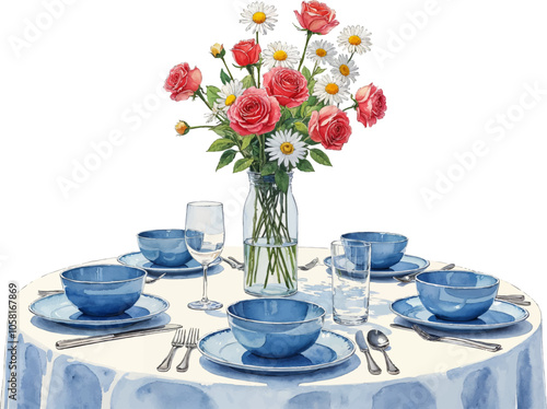 Watercolor illustration of a dining table with flowers and elegant tableware
