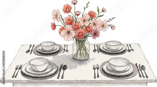 Watercolor illustration of a dining table with flowers and elegant tableware