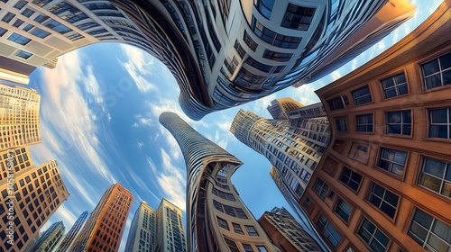 A fisheye view of a cityscape with tall buildings reaching towards a blue sky.