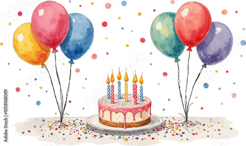 Watercolor illustration of a Festive Birthday Table with Balloons and Cake