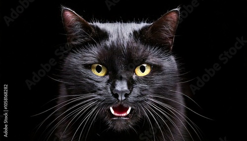 Portrait of a black cat on a dark background.