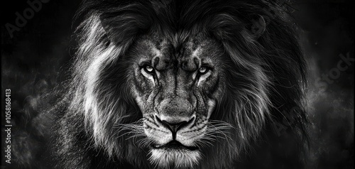 Majestic lion with a powerful gaze, black and white portrait.