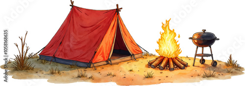Watercolor illustration of a cozy campsite with a tent, campfire, and grill