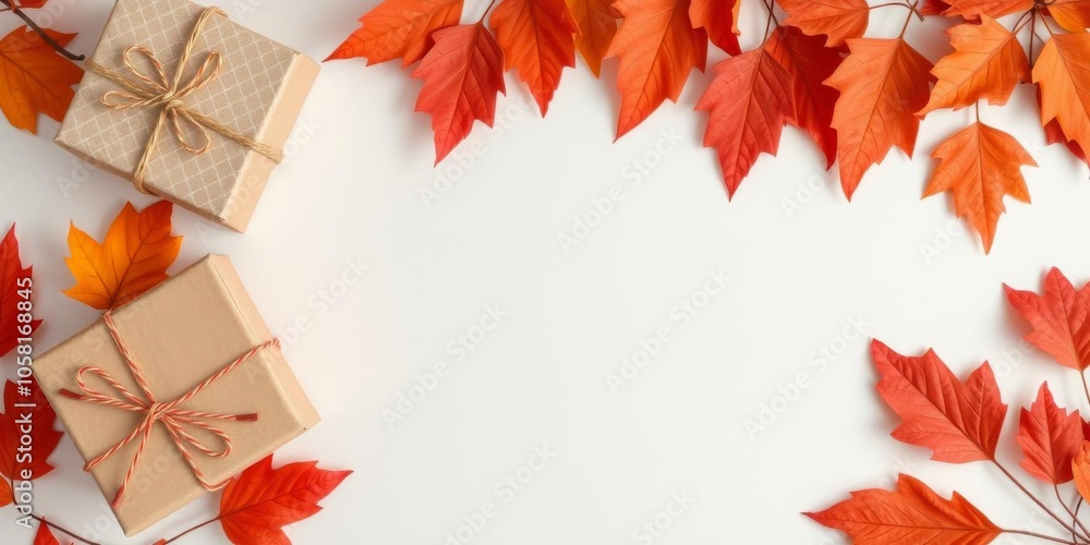 Obraz premium Autumn-themed handmade paper gift box with fall leaves on orange background, paper, handmade, decor