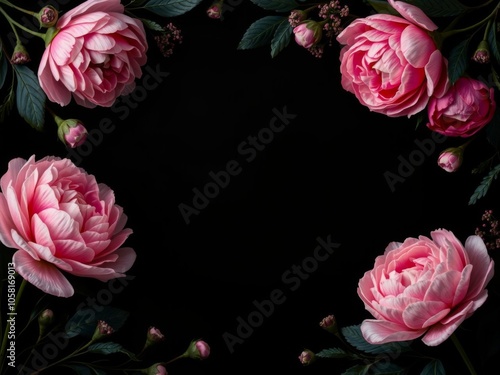 Fototapeta Naklejka Na Ścianę i Meble -  Beautiful peonies frame with dark floral background, festive flowers, soft focus, copy space, black, concept, dark colors