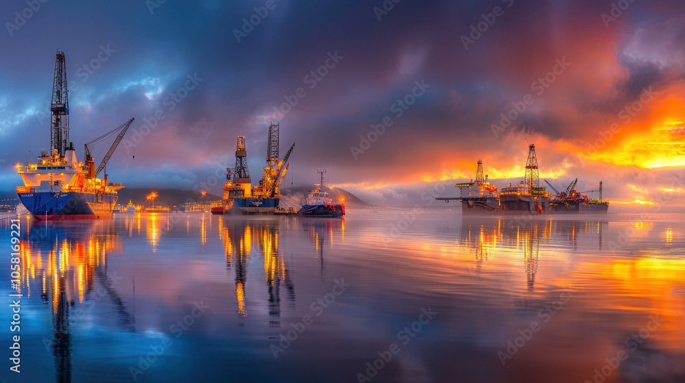 Fototapeta premium Offshore oil rigs illuminated by sunrise reflect on calm waters, creating serene and vibrant scene. tranquil sea contrasts with industrial structures, evoking sense of peace and productivity