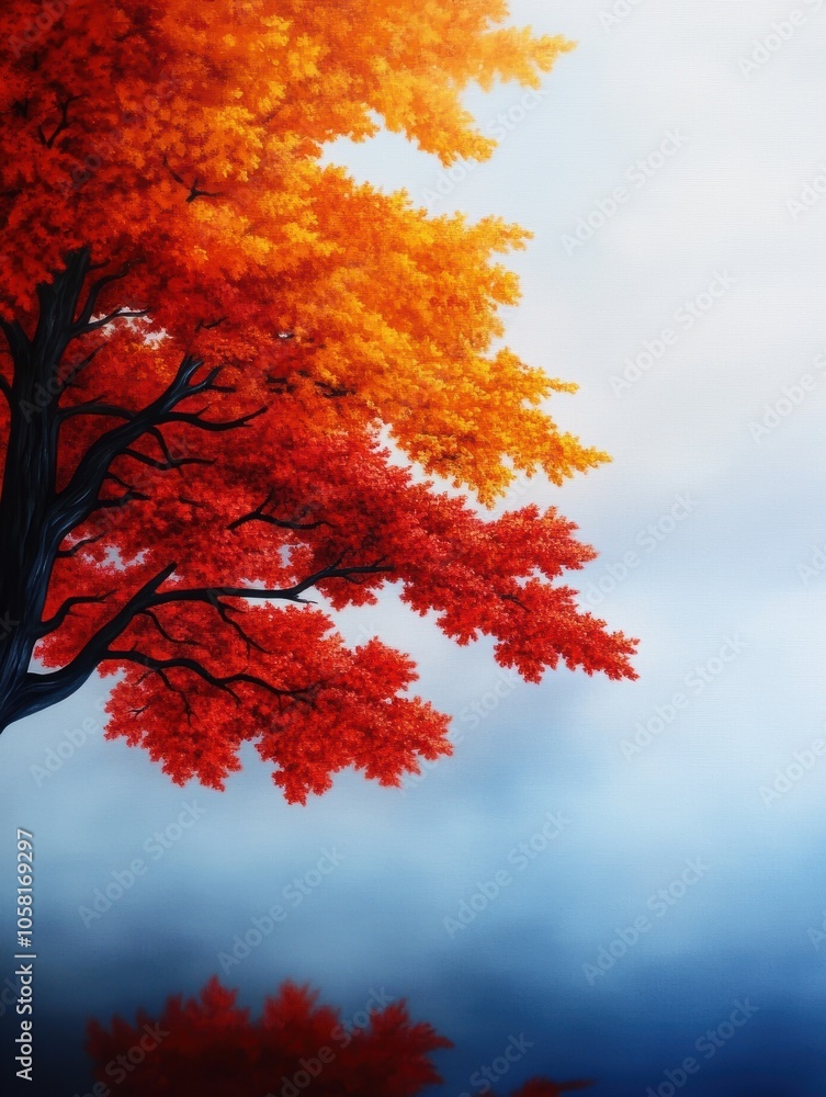 A stunning depiction of an autumn landscape, featuring vibrant orange and red leaves against a soft blue background, evoking the serene beauty of fall. A stunning depiction of an autumn landscape, featuring vibrant orange and red leaves against a soft blue background, evoking the serene beauty of fall.