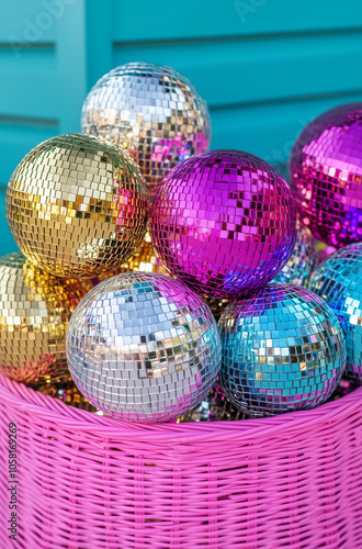 Vibrant disco ball Christmas baubles in various sizes and colors, displayed in a pink rattan basket.Minimal creative party holiday concept.Copy space,flat lay 