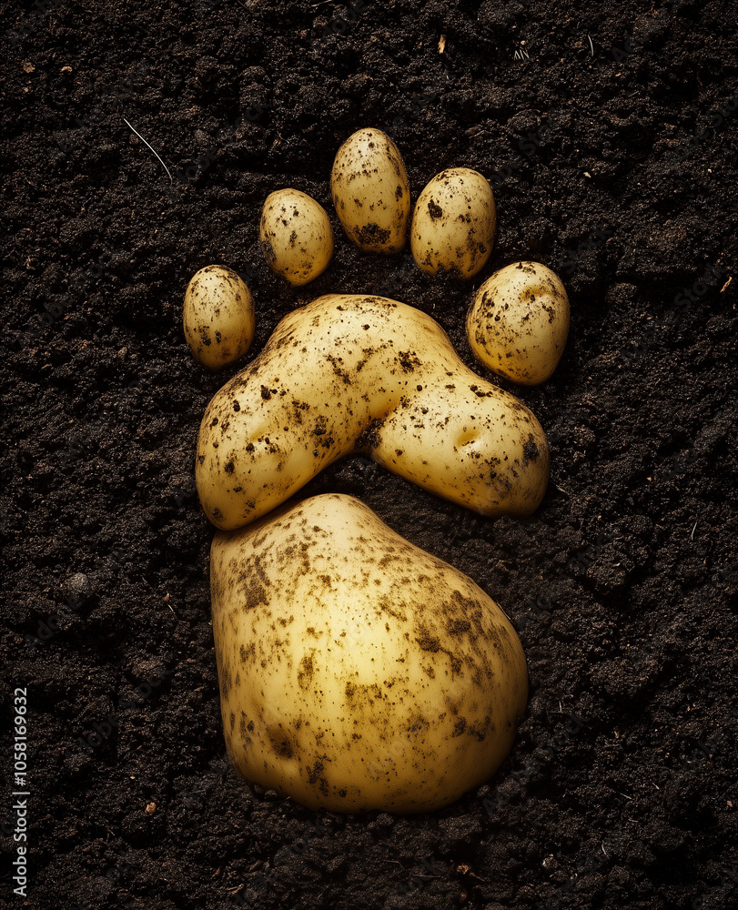 In the soil, there is an outline of human footprints made by potatoes.Minimal creative food concept.Copy space,flat lay In the soil, there is an outline of human footprints made by potatoes.Minimal creative food concept.Copy space,flat lay