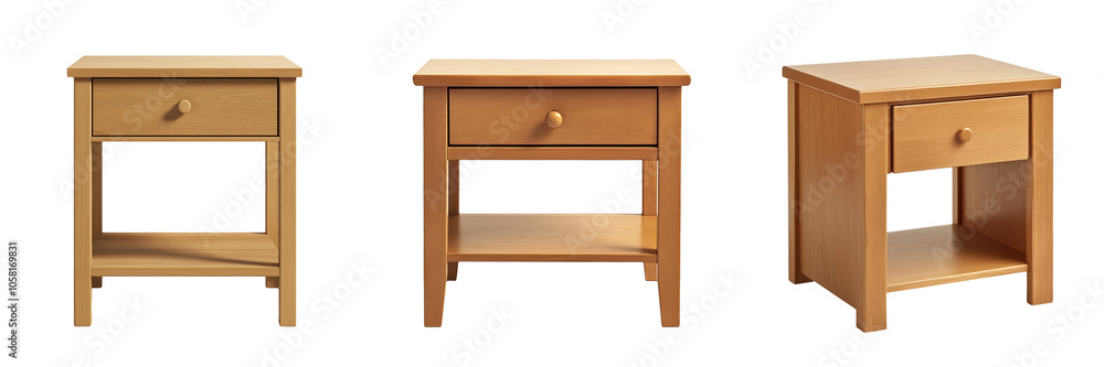 A simple, square bedside table with a single drawer and a lower shelf, isolated on a transparent background A simple, square bedside table with a single drawer and a lower shelf, isolated on a transparent background